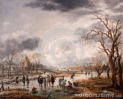 Scene on the ice outside the town walls, 1655 painting by Aert van der Neer Editorial Stock Photo